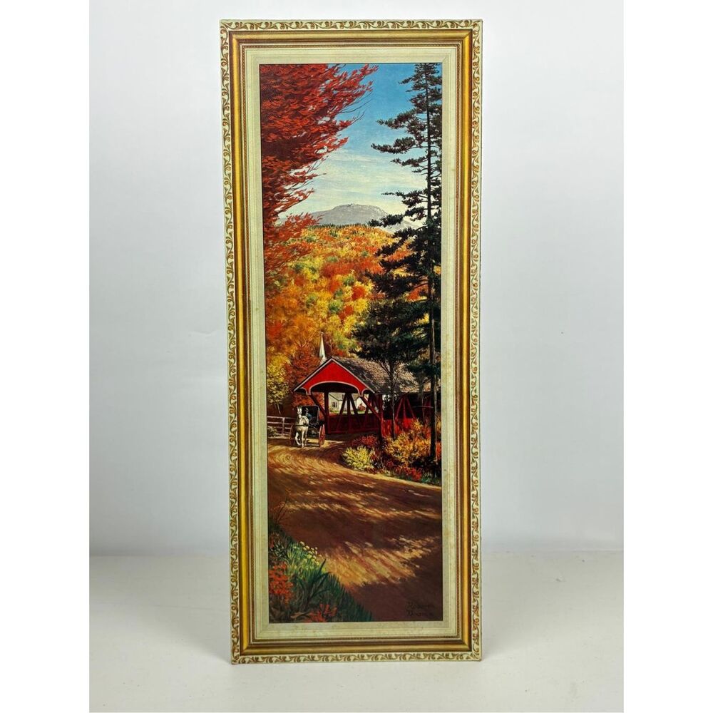 Vintage Robert Doares Covered Bridge Autumn Print on Corkboard 25x10 Signed